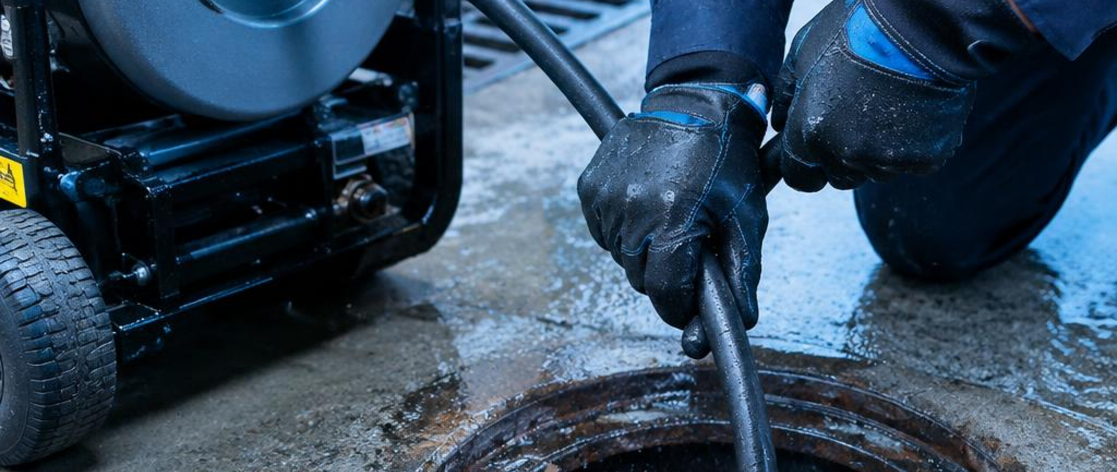 High-pressure jetting hose cleaning a drain line